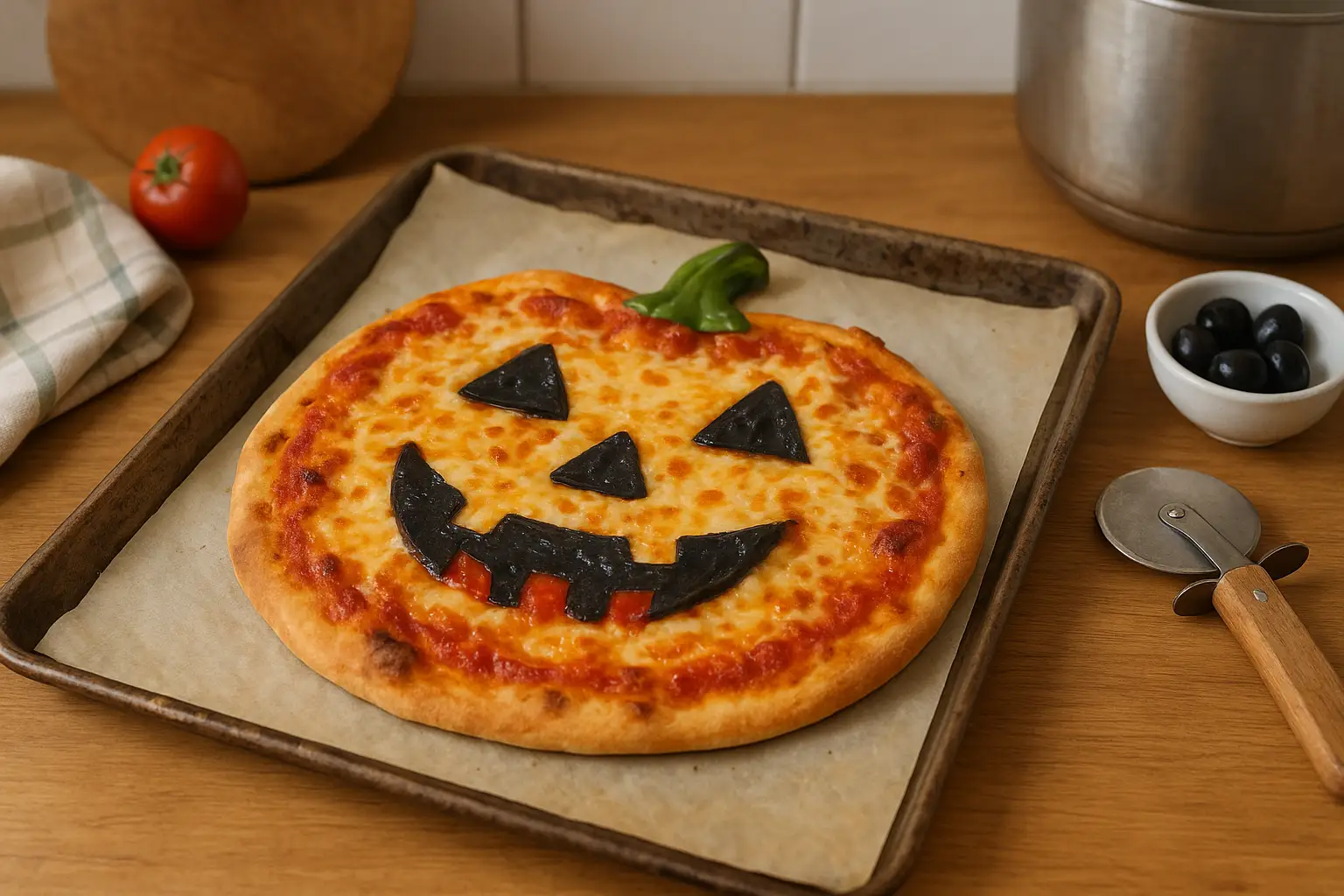 Photo d'une pizza Halloween maison en forme de citrouille, faite à la main dans une cuisine familiale, avec fromage fondant et décorations effrayantes, parfaite pour une soirée Halloween amusante avec les enfants.