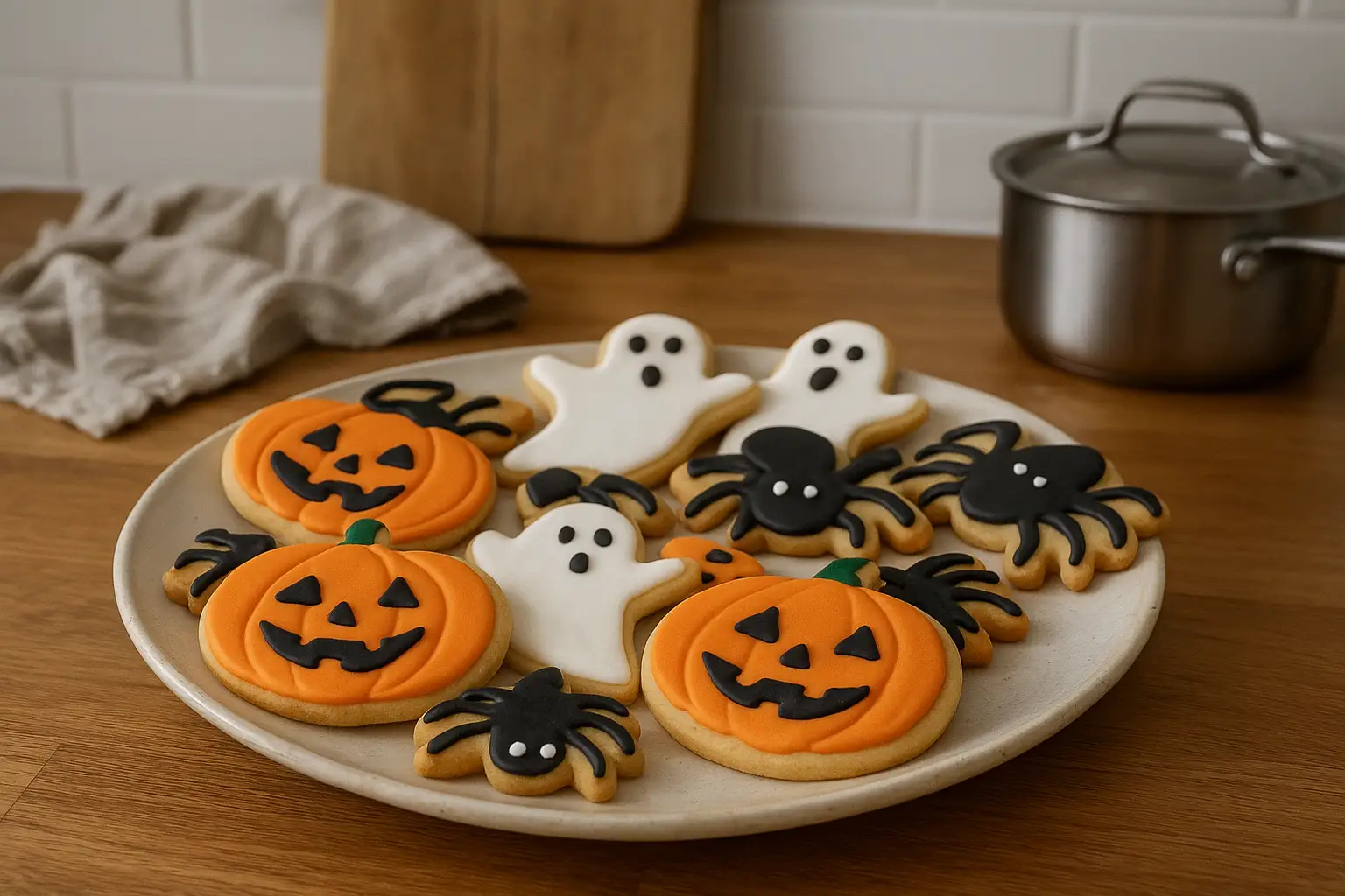Photo de sablés d'Halloween faits maison, décorés en forme de citrouille, fantôme et araignée, posés sur un plan de travail de cuisine familiale avec des ustensiles et une lumière naturelle.