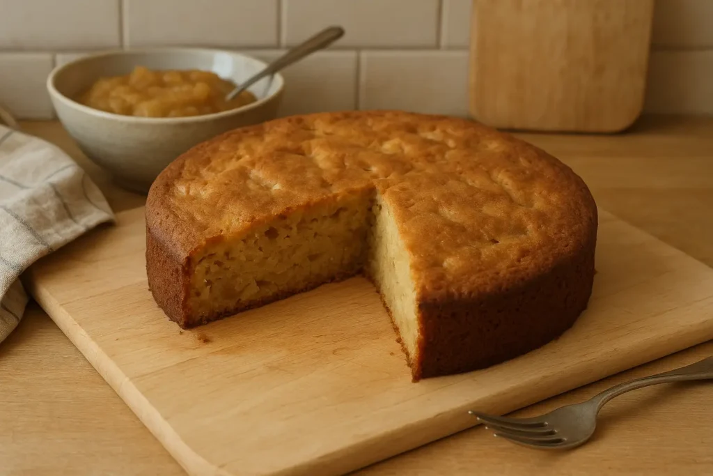 Photo d’un gâteau à la compote de pommes moelleux et doré, fait maison sans beurre, posé sur une table de cuisine familiale