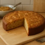 Photo d’un gâteau à la compote de pommes moelleux et doré, fait maison sans beurre, posé sur une table de cuisine familiale