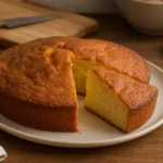 Gâteau quatre-quarts moelleux maison sur une table de cuisine, doré et fondant, photographié dans une cuisine familiale.
