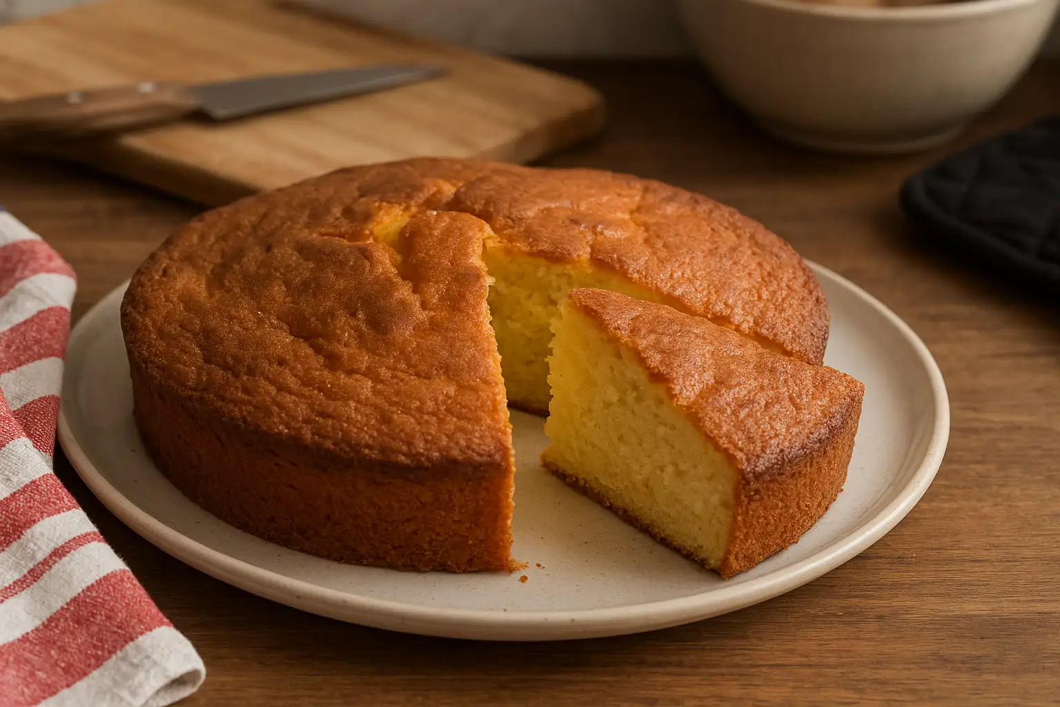 Gâteau quatre-quarts moelleux maison sur une table de cuisine, doré et fondant, photographié dans une cuisine familiale.