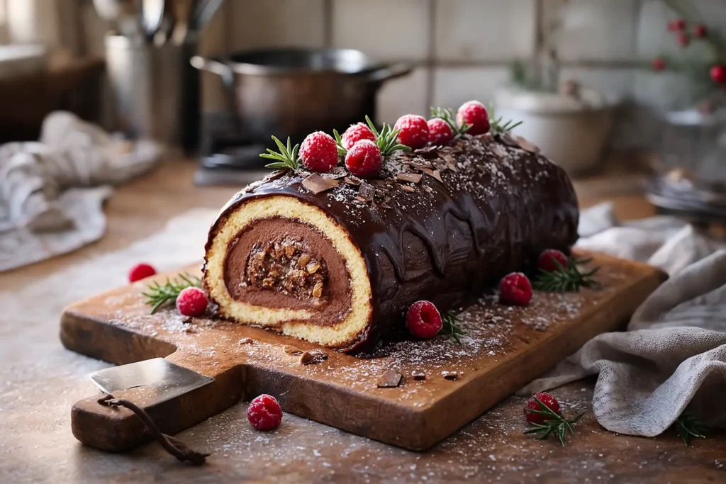 Bûche de Noël maison facile, roulée et décorée pour les fêtes, posée sur une table de cuisine