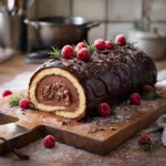 Bûche de Noël maison facile, roulée et décorée pour les fêtes, posée sur une table de cuisine
