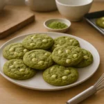 cookies matcha moelleux faits maison avec chocolat blanc dans une cuisine