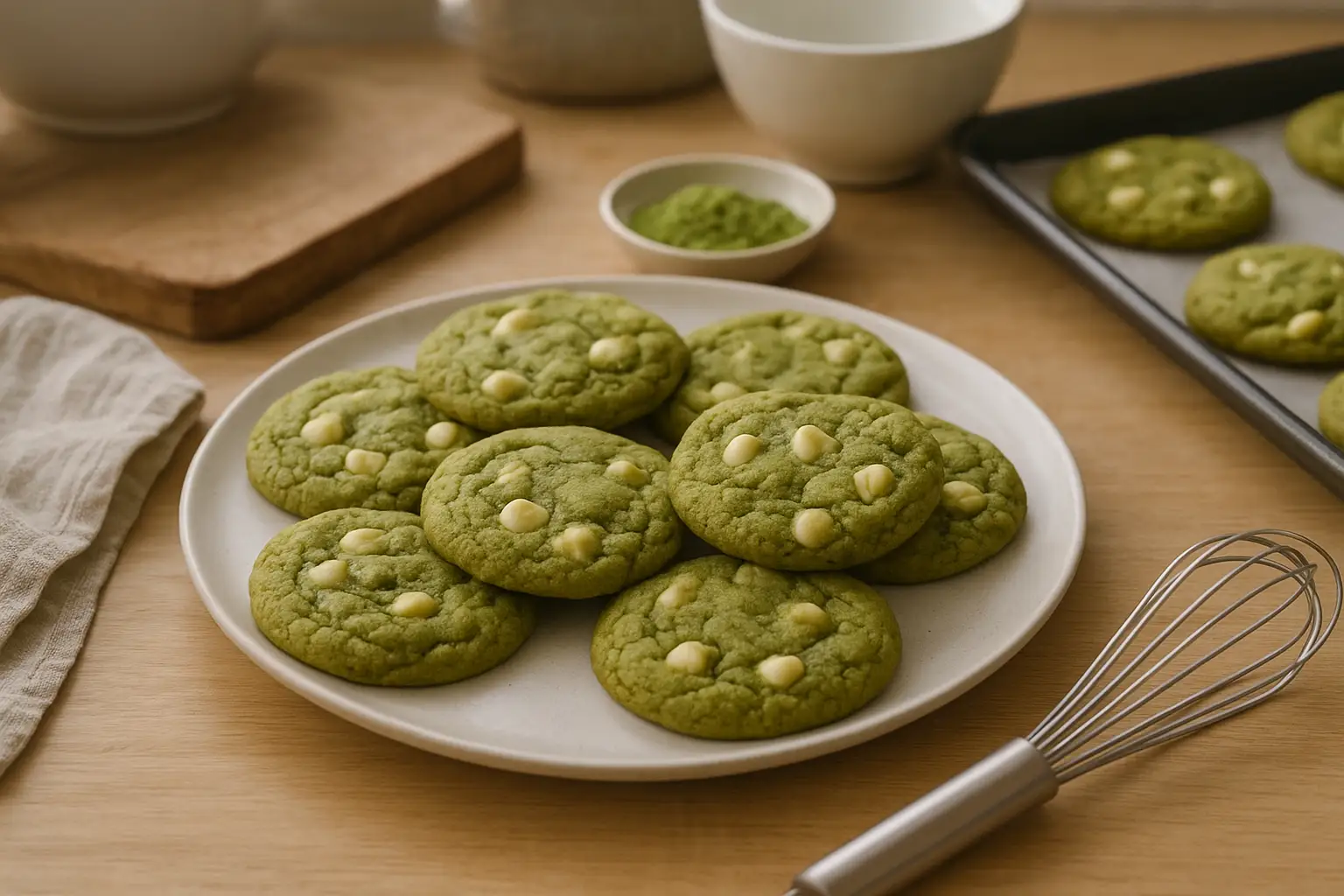 cookies matcha moelleux faits maison avec chocolat blanc dans une cuisine