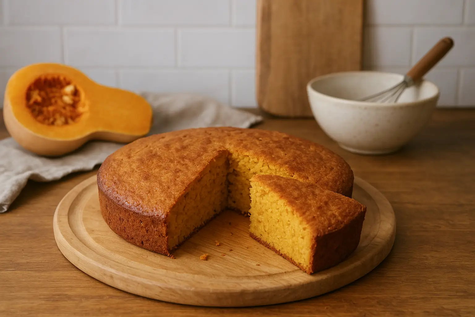 Photo d’un gâteau butternut moelleux et fait maison, un dessert d’automne facile à base de courge butternut.