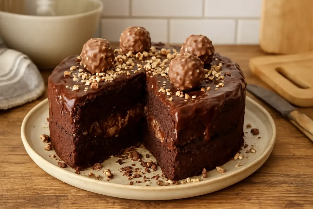 gateau ferrero rocher maison avec ganache chocolat noisette et décoration ferrero rocher