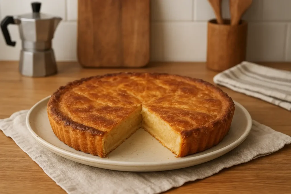 Gâteau frangipane maison doré et moelleux, garni de crème d’amande