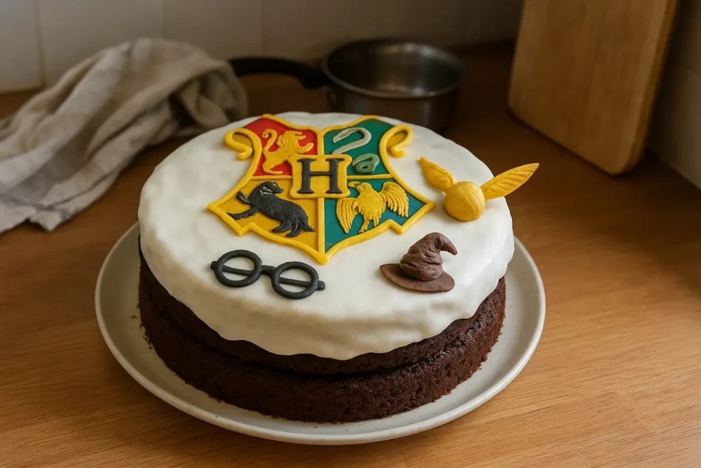 Gâteau Harry Potter fait maison décoré avec le blason de Poudlard et une Snitch dorée dans une cuisine familiale