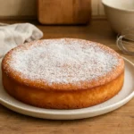 Photo d’un gâteau lorrain traditionnel, doré et moelleux, saupoudré de sucre glace, présenté sur une table rustique dans une cuisine familiale. Une recette du gâteau lorrain facile et authentique, typique de la Lorraine, parfaite pour un dessert maison.