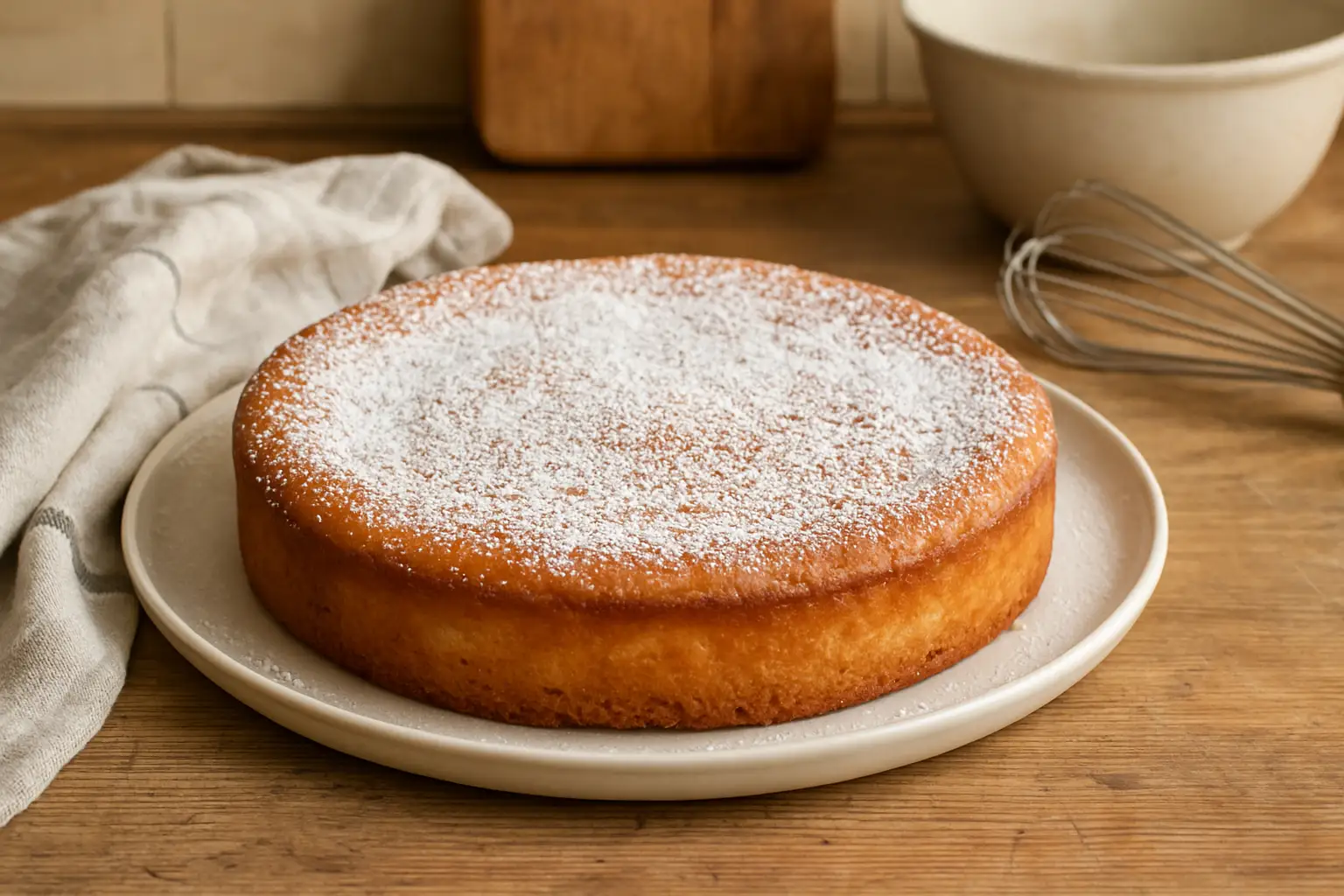 Photo d’un gâteau lorrain traditionnel, doré et moelleux, saupoudré de sucre glace, présenté sur une table rustique dans une cuisine familiale. Une recette du gâteau lorrain facile et authentique, typique de la Lorraine, parfaite pour un dessert maison.