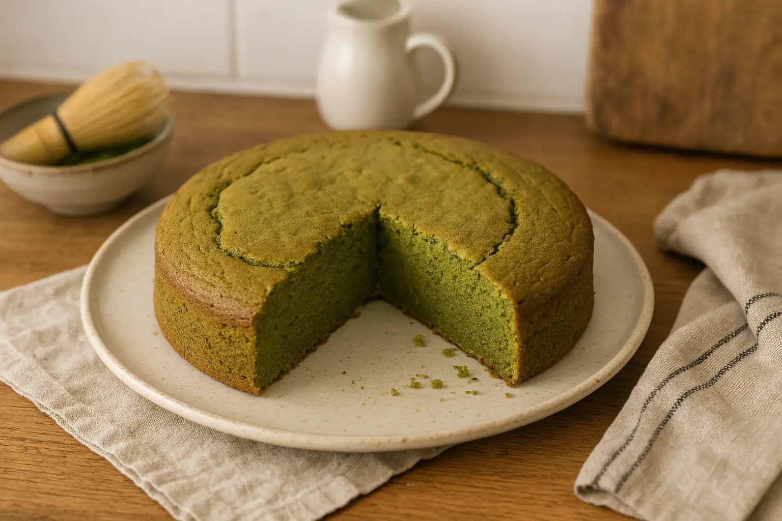Photo d’un gâteau matcha moelleux fait maison, au thé matcha japonais, photographié dans une cuisine authentique avec une lumière naturelle. Un dessert vert tendre, simple et gourmand, parfait pour illustrer une recette japonaise au matcha.