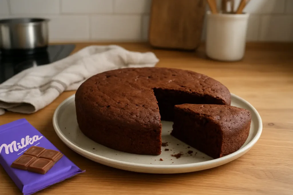 gâteau Milka moelleux et fondant fait maison sur une table de cuisine, cake au chocolat au lait Milka