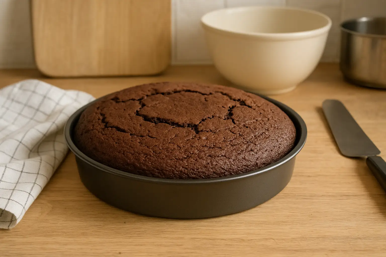 gâteau moelleux au chocolat préparé au robot Monsieur Cuisine sur une table de cuisine familiale