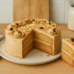 Gâteau moka maison au café, décoré d’amandes et garni de crème au beurre moka, photographié dans une cuisine française authentique.