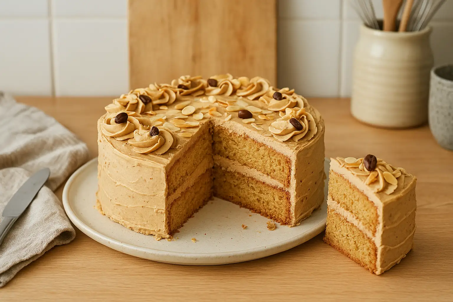 Gâteau moka maison au café, décoré d’amandes et garni de crème au beurre moka, photographié dans une cuisine française authentique.