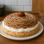 Photo du gâteau Mont Blanc traditionnel, dessert français à base de meringue, crème de marrons et chantilly maison, présenté comme un dessert d’hiver raffiné.