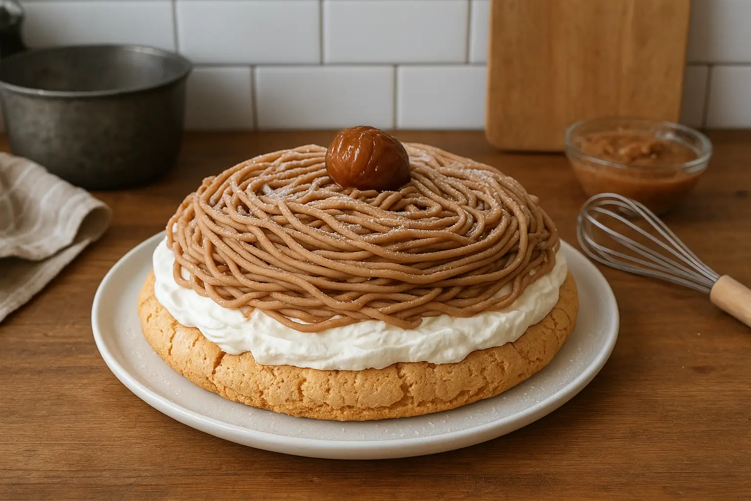 Photo du gâteau Mont Blanc traditionnel, dessert français à base de meringue, crème de marrons et chantilly maison, présenté comme un dessert d’hiver raffiné.