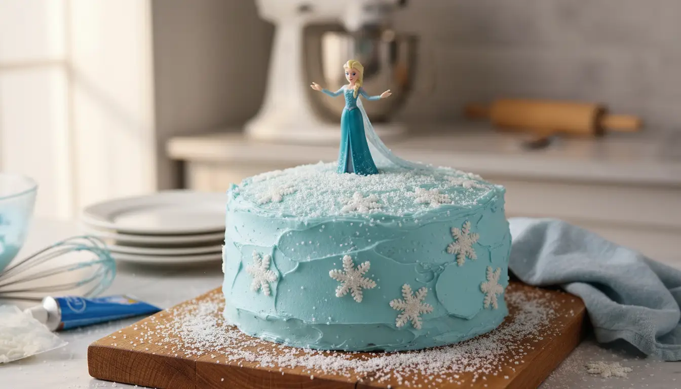 Gateau Reine des Neiges facile décoré avec glaçage bleu, flocons de neige en sucre et décoration Disney Elsa, parfait pour un anniversaire d’enfant.