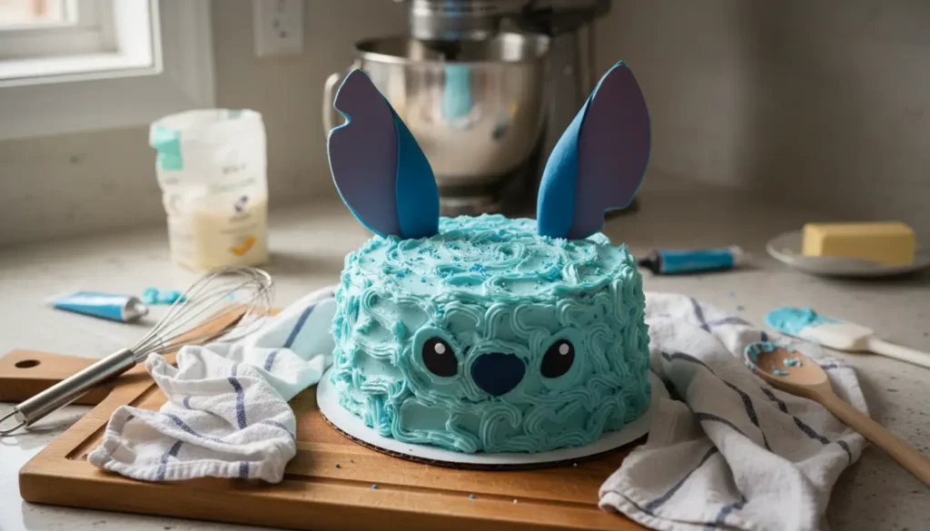 Photo d'un gateau Stitch d'anniversaire fait maison, décoré en bleu avec une crème lisse et des détails inspirés de Stitch. Un gateau Stitch facile et parfait pour un anniversaire enfant, avec une déco simple et un rendu cake design.