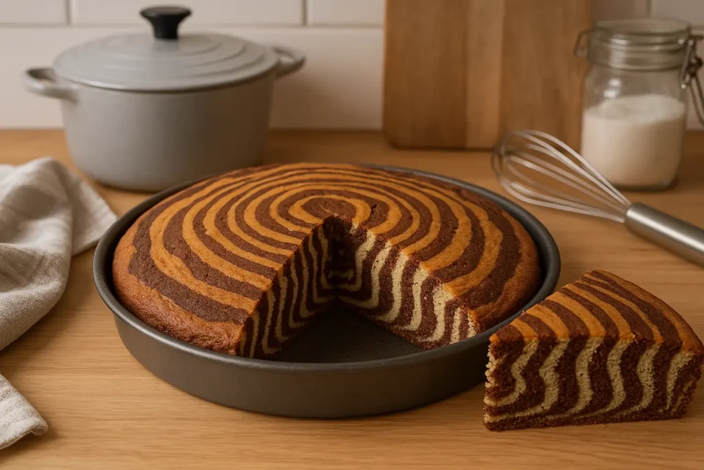 Gâteau zébré moelleux au chocolat et à la vanille fait maison, dessert marbré facile et gourmand.