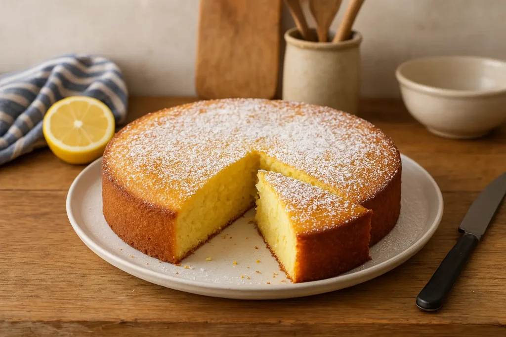 Gâteau à la ricotta et au citron fait maison, moelleux et parfumé, photographié dans une cuisine avec lumière naturelle.