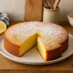 Gâteau à la ricotta et au citron fait maison, moelleux et parfumé, photographié dans une cuisine avec lumière naturelle.