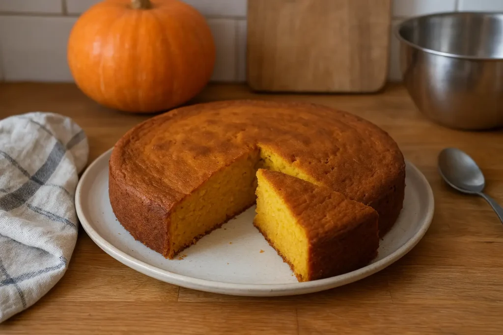 Photo d'un gâteau à la courge fait maison, moelleux et doré, préparé avec de la courge butternut, présenté dans une cuisine familiale. Recette de gâteau à la courge facile, parfaite pour un dessert d'automne.