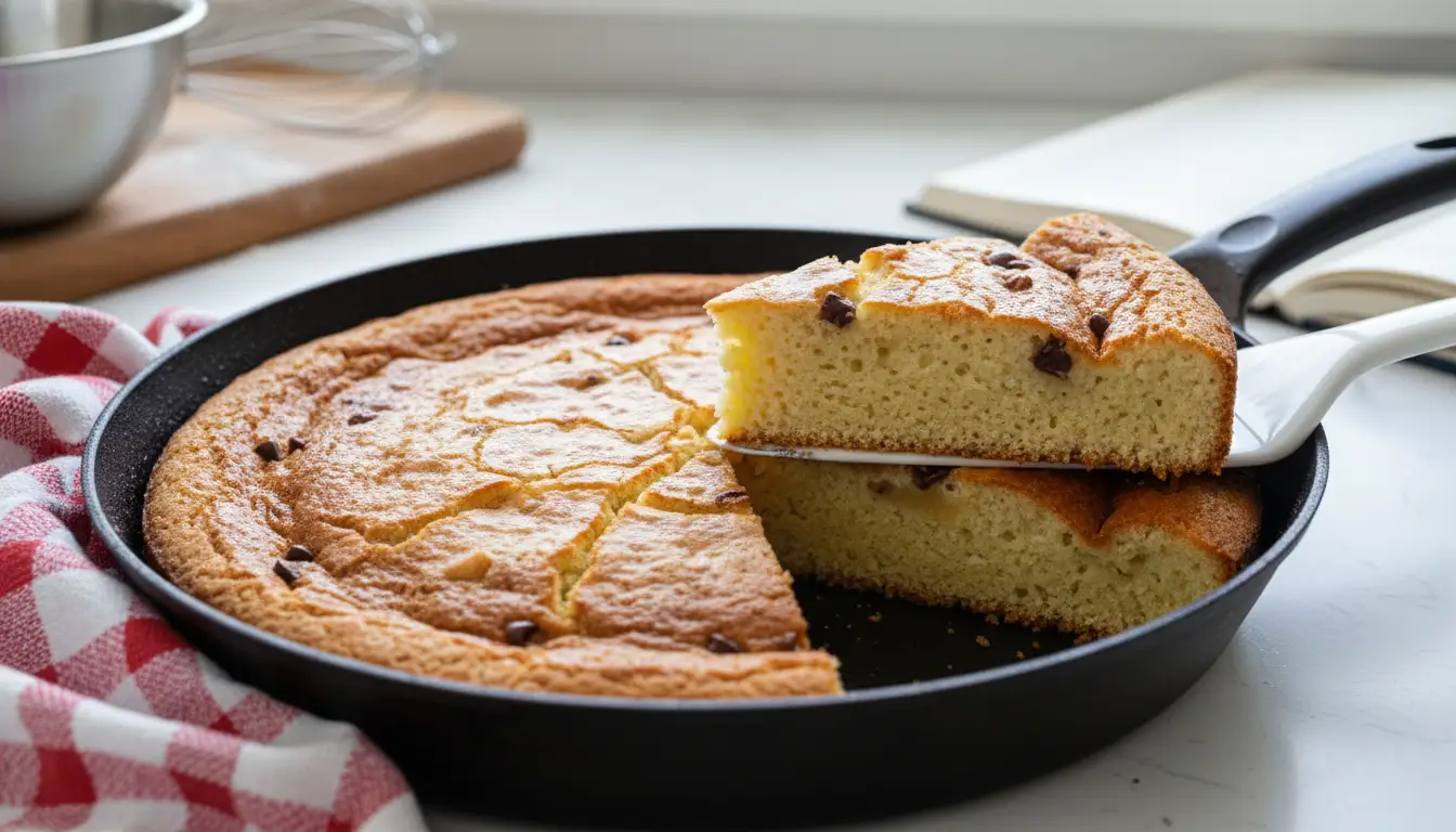 gâteau à la poêle doré et moelleux, dessert sans four facile et rapide préparé dans une cuisine maison