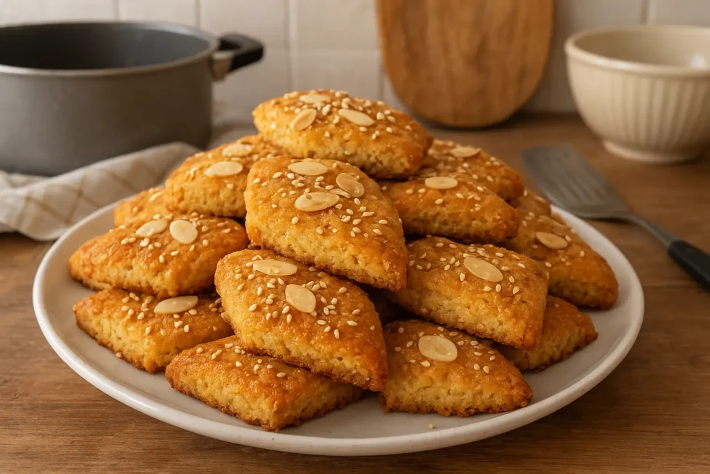 Photographie d’un gâteau algérien traditionnel au miel, fait maison, doré et imbibé de miel, décoré d’amandes et photographié dans une cuisine authentique.