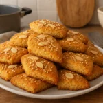 Photographie d’un gâteau algérien traditionnel au miel, fait maison, doré et imbibé de miel, décoré d’amandes et photographié dans une cuisine authentique.