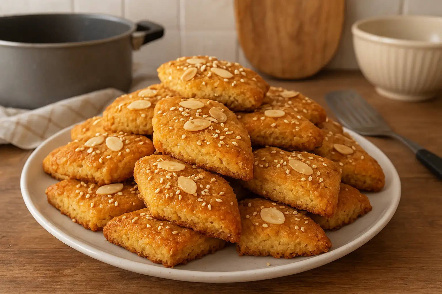 Photographie d’un gâteau algérien traditionnel au miel, fait maison, doré et imbibé de miel, décoré d’amandes et photographié dans une cuisine authentique.