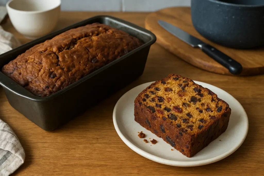 Photo d'un gateau anglais traditionnel aux fruits, fait maison, moelleux et doré, avec fruits confits et raisins secs, présenté sur une table de cuisine dans une ambiance chaleureuse.