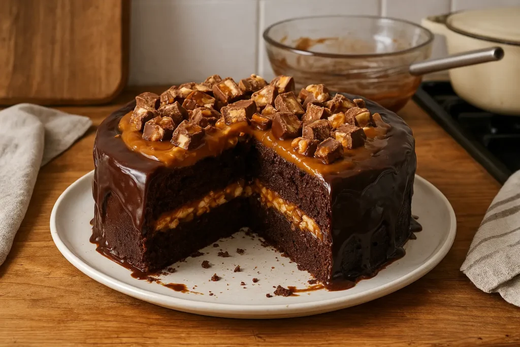 Gâteau au Snickers maison avec caramel, chocolat et cacahuètes sur une assiette, recette gourmande facile