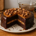 Gâteau au Snickers maison avec caramel, chocolat et cacahuètes sur une assiette, recette gourmande facile