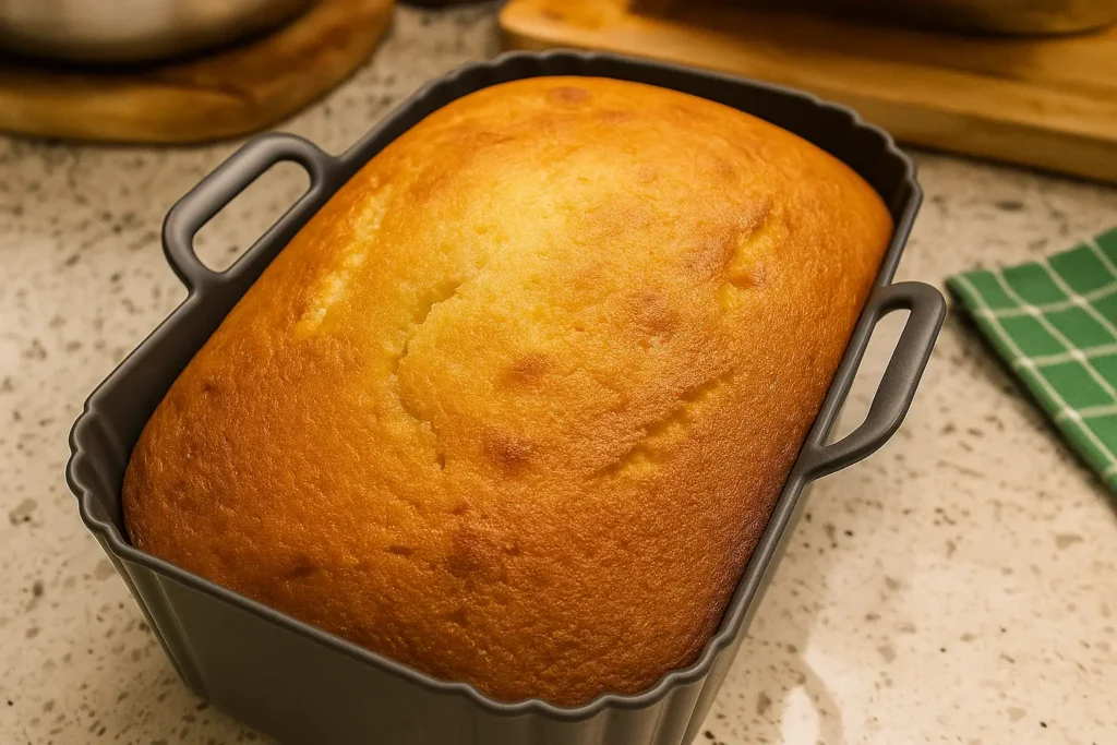 Photo d’un gâteau au yaourt Air Fryer Ninja doré et moelleux dans un moule en silicone, prêt à déguster, recette maison sans four.