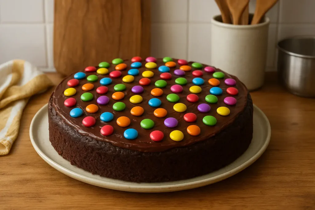 Image d’un gâteau aux Smarties maison, moelleux et coloré, décoré de bonbons Smarties sur un glaçage au chocolat, parfait pour un anniversaire d’enfant ou un goûter festif.