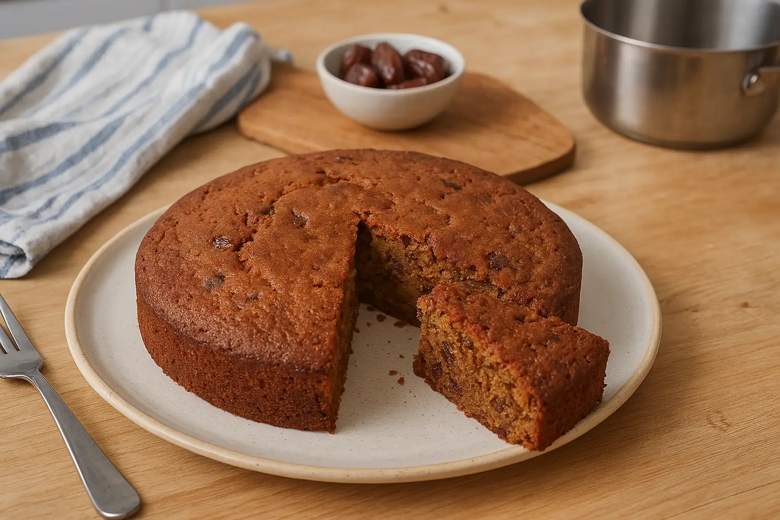 Photo d’un gâteau aux dattes moelleux et doré, fait maison, sur une assiette rustique, entouré d’ustensiles de cuisine – recette traditionnelle facile et parfumée, parfaite pour le Ramadan ou le goûter.