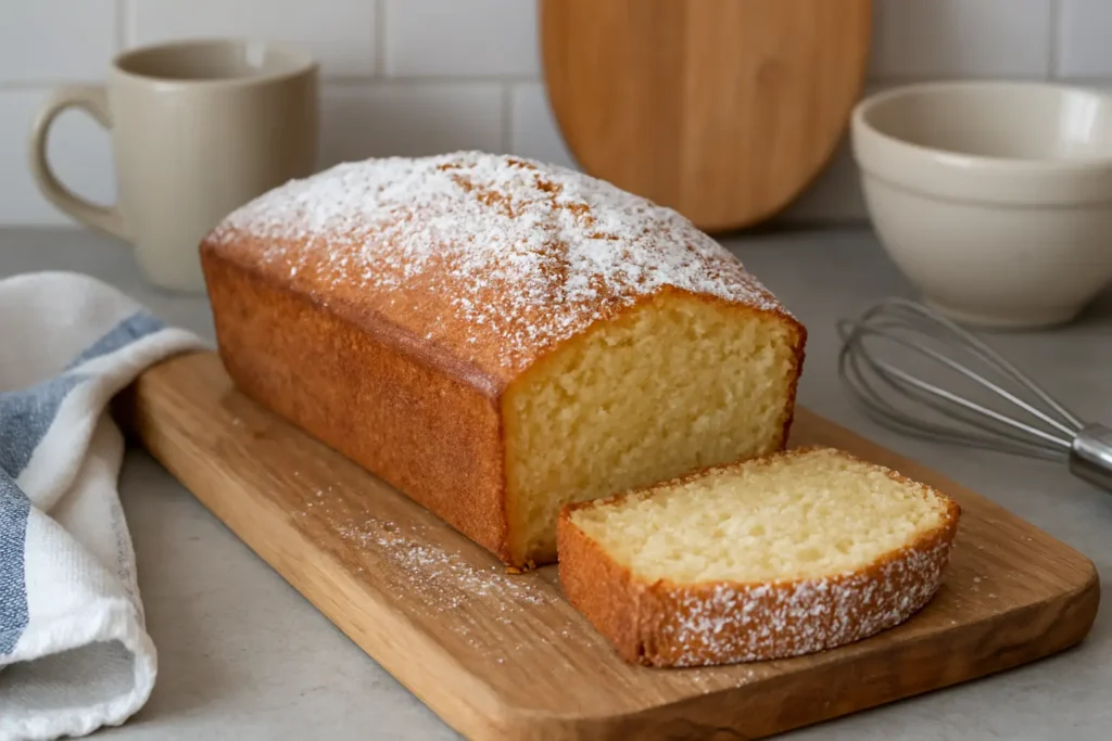 Photo d’un gâteau moelleux avec levure boulangère fraîche, doré et fait maison, parfait pour le goûter ou le petit-déjeuner.