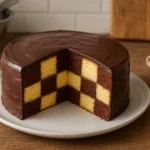 gateau damier vanille chocolat fait maison avec génoises et ganache, photo réaliste prise en cuisine