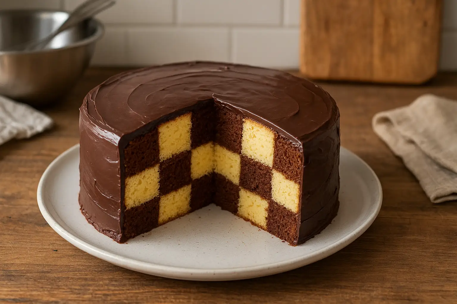 gateau damier vanille chocolat fait maison avec génoises et ganache, photo réaliste prise en cuisine