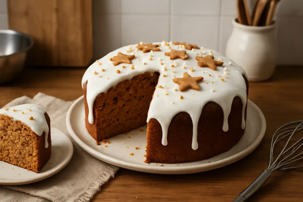 gâteau de noël moelleux et traditionnel fait maison avec glaçage blanc et décoration festive
