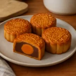 Gâteau de lune chinois traditionnel fait maison – mooncake doré garni de pâte de lotus, dessert de la fête de la lune
