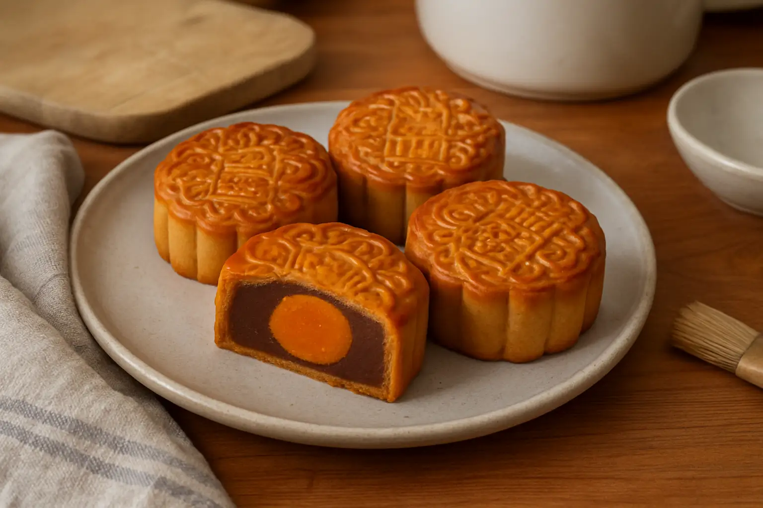 Gâteau de lune chinois traditionnel fait maison – mooncake doré garni de pâte de lotus, dessert de la fête de la lune