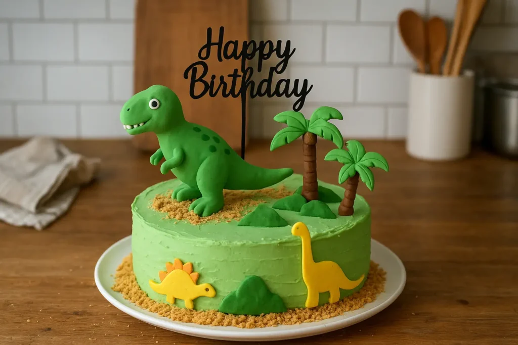 gateau dinosaure facile pour anniversaire enfant avec décoration dinosaures et topper, gâteau maison vert décoré en cuisine réelle