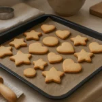 Gâteau emporte pièce facile : sablés faits maison découpés à l'emporte-pièce sur plaque de cuisson