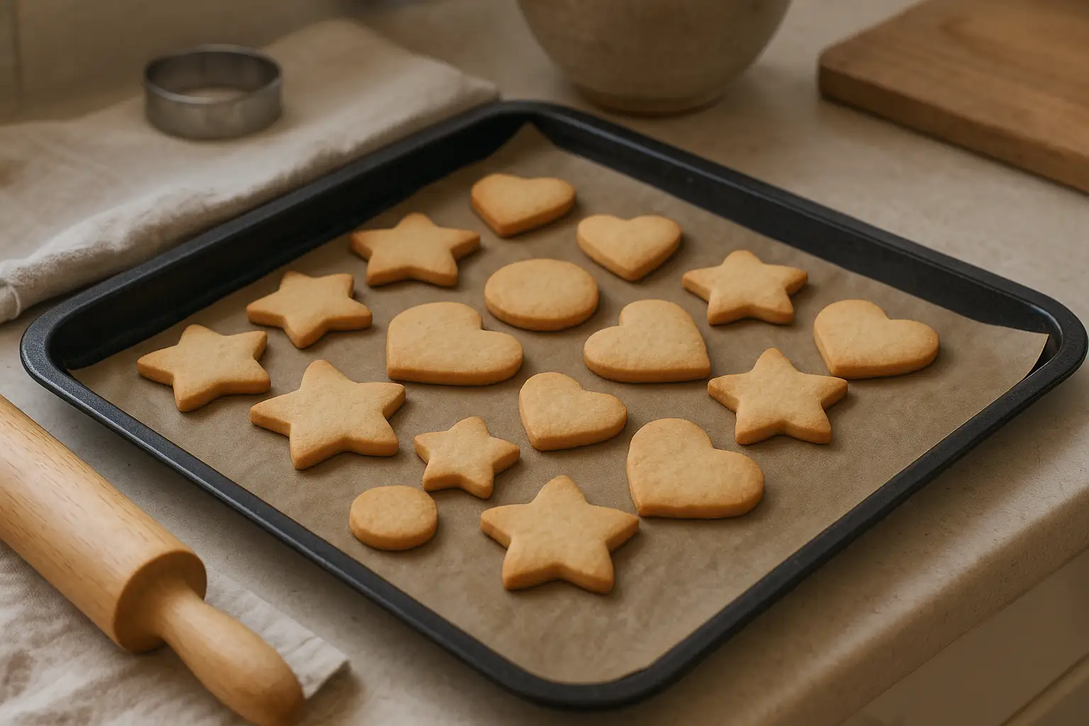 Gâteau emporte pièce facile : sablés faits maison découpés à l'emporte-pièce sur plaque de cuisson