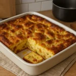 Photo d’un gâteau le diplomate maison, dessert français traditionnel à base de brioche, crème anglaise et fruits confits, doré au four et servi sur une table rustique de cuisine.