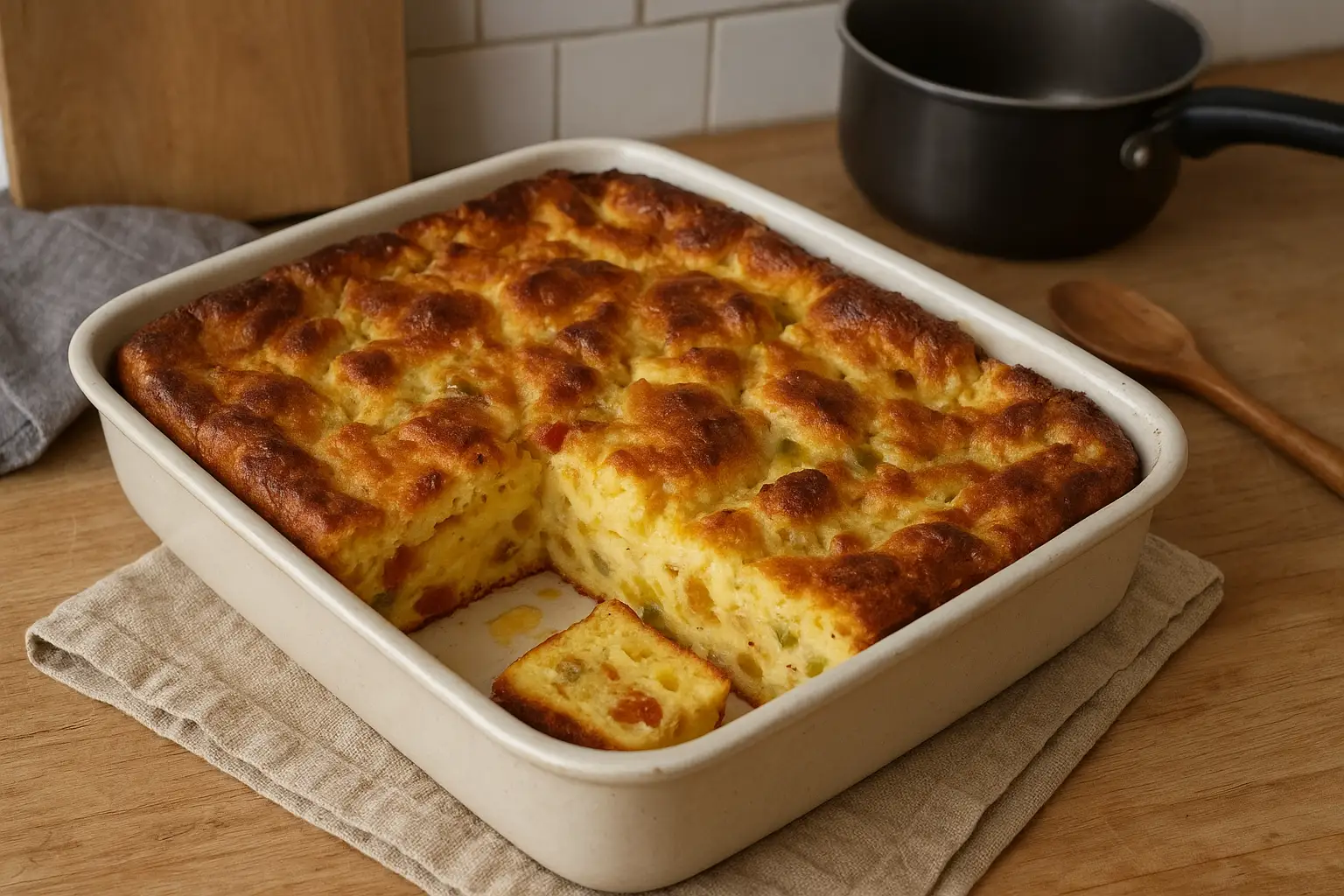 Photo d’un gâteau le diplomate maison, dessert français traditionnel à base de brioche, crème anglaise et fruits confits, doré au four et servi sur une table rustique de cuisine.